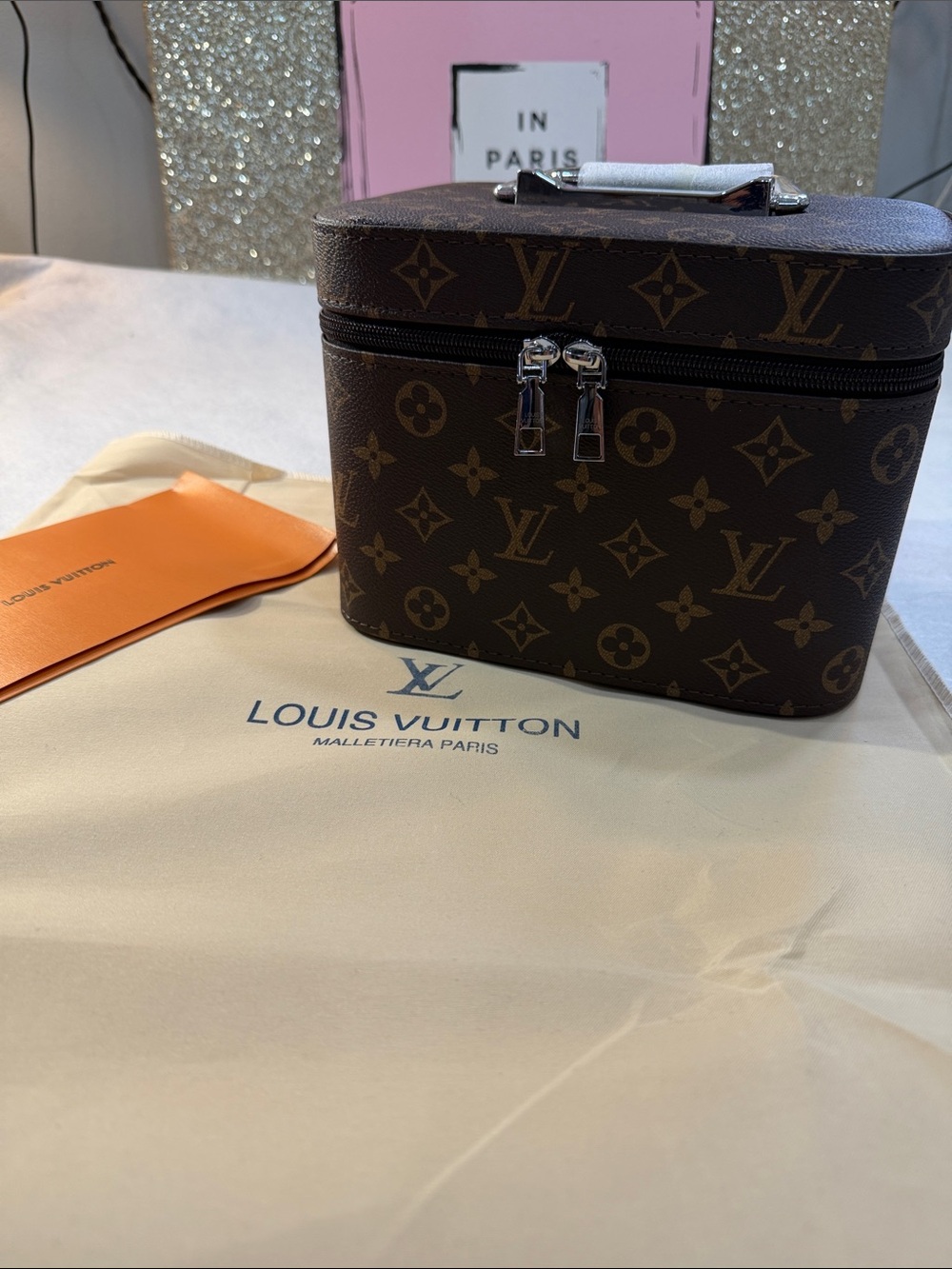 Brown lv Monogram Cosmetic‎ Case with Silver Hardware 8x6.5